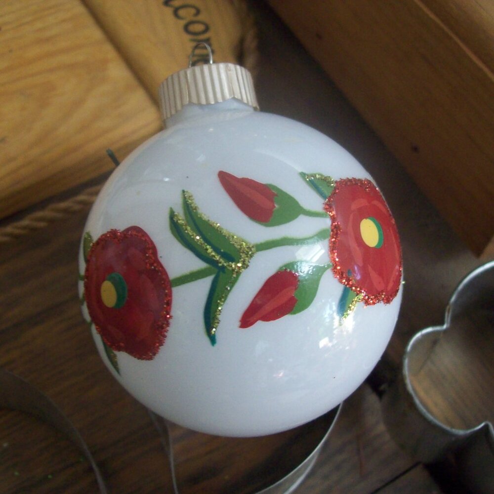Vintage Christmas Glass Ornament/ Painted Red Flowers on White